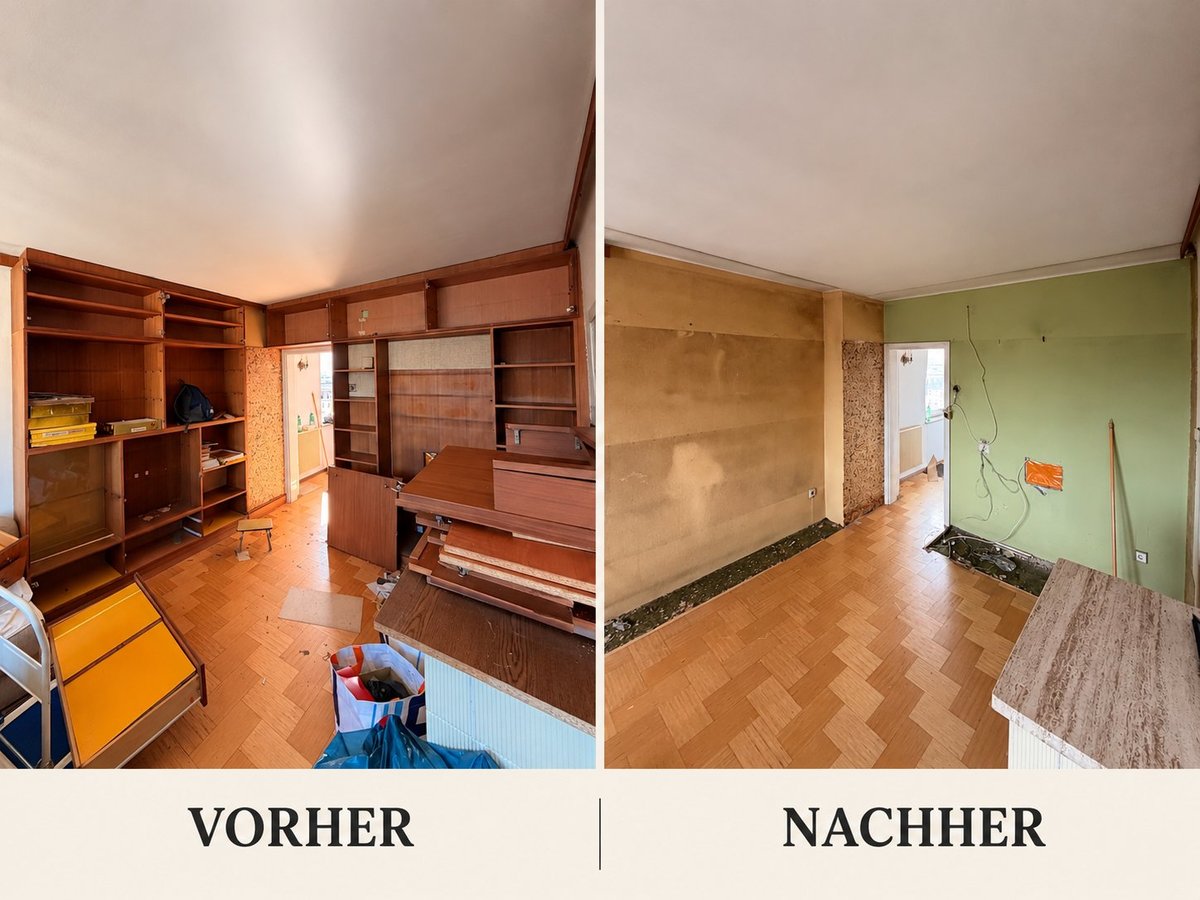 Vorher-Nachher-Vergleich: links der mit Möbeln und Regalen vollgestellte Raum, rechts derselbe Raum geräumt – Umzug und Entrümpelung aus einer Hand in Graz